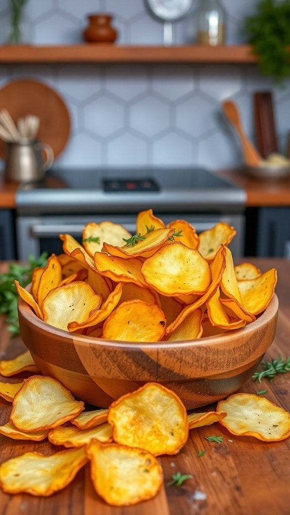 A bowl of crispy homemade potato chips garnished with herbs on a wooden table.
